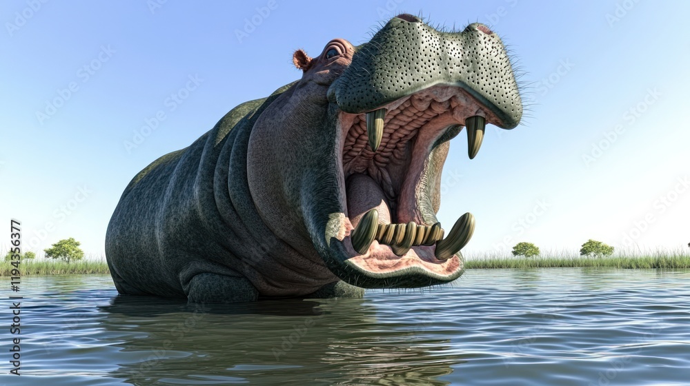 Fototapeta premium Hippo Roaring in a Tranquil Water Setting with Clear Sky and Distant Trees