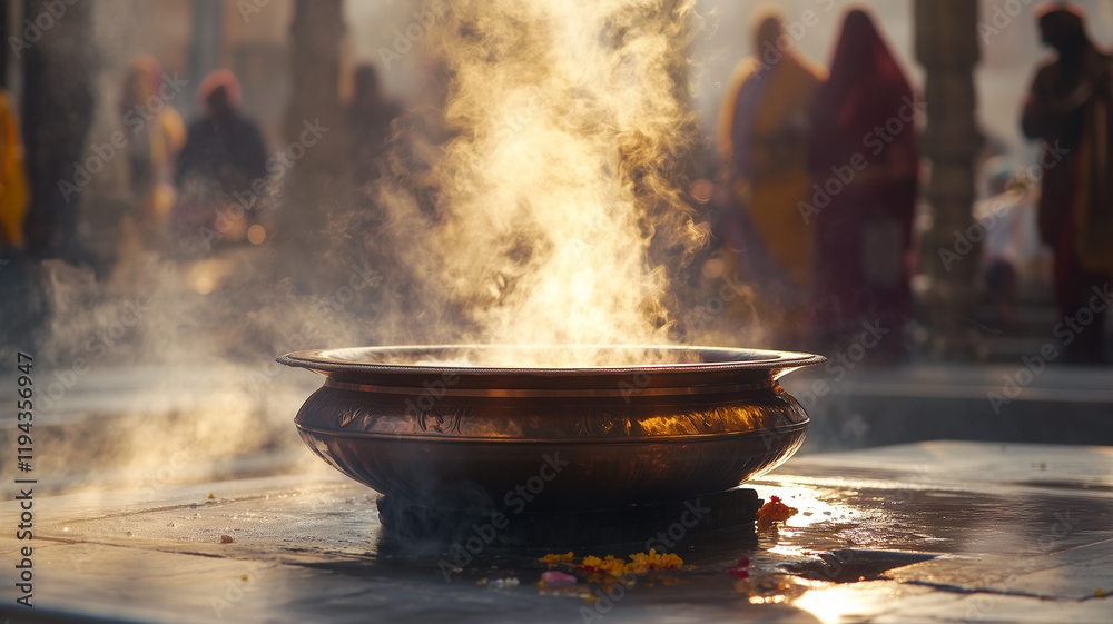 A serene scene of a copper havan kund during a spiritual ceremony, surrounded by devotees, with flames gently flickering and smoke rising, capturing the essence of devotion. Ai generated (1) A serene scene of a copper havan kund during a spiritual ceremony, surrounded by devotees, with flames gently flickering and smoke rising, capturing the essence of devotion. Ai generated (1)
