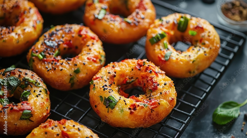 Savory vegetable-filled doughnuts garnished with herbs and spices on a cooling rack ready for a unique culinary experience Savory vegetable-filled doughnuts garnished with herbs and spices on a cooling rack ready for a unique culinary experience