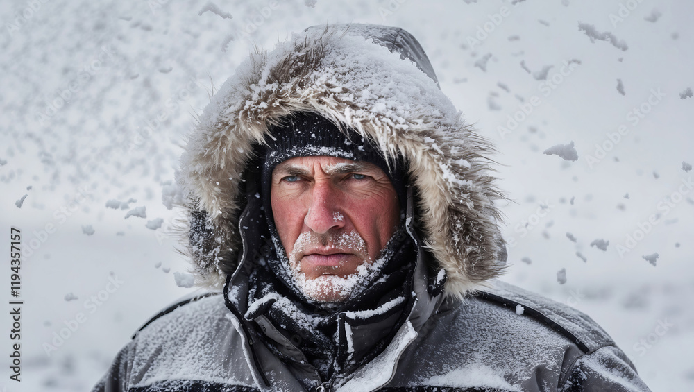 Fototapeta premium Middle-aged man stands in snowstorm, showcasing resilience in harsh winter conditions while maintaining a serious expression