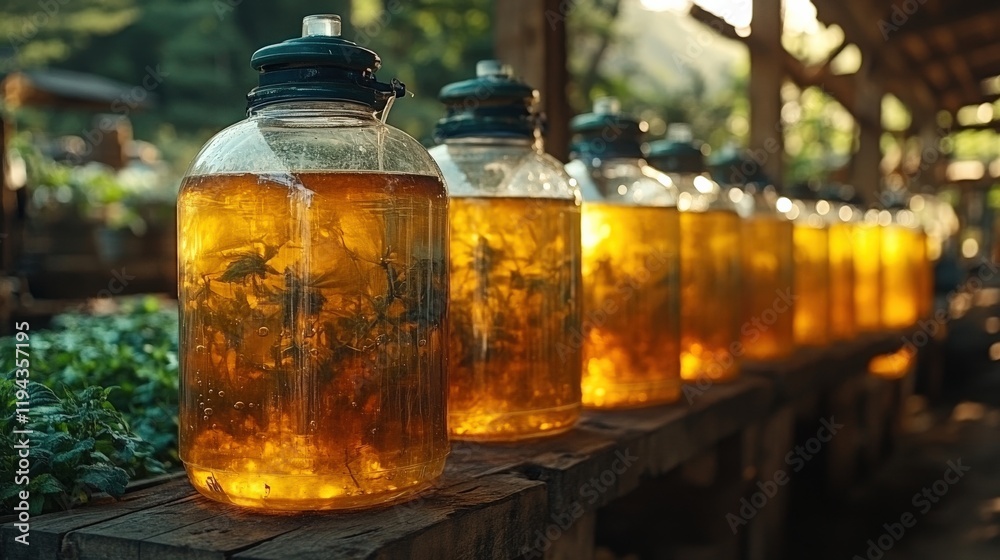 A Row of Large Glass Jars Filled with Herbal Infusions and Natural Tea on a Rustic Wooden Table in a Lush Green Environment During the Daytime A Row of Large Glass Jars Filled with Herbal Infusions and Natural Tea on a Rustic Wooden Table in a Lush Green Environment During the Daytime