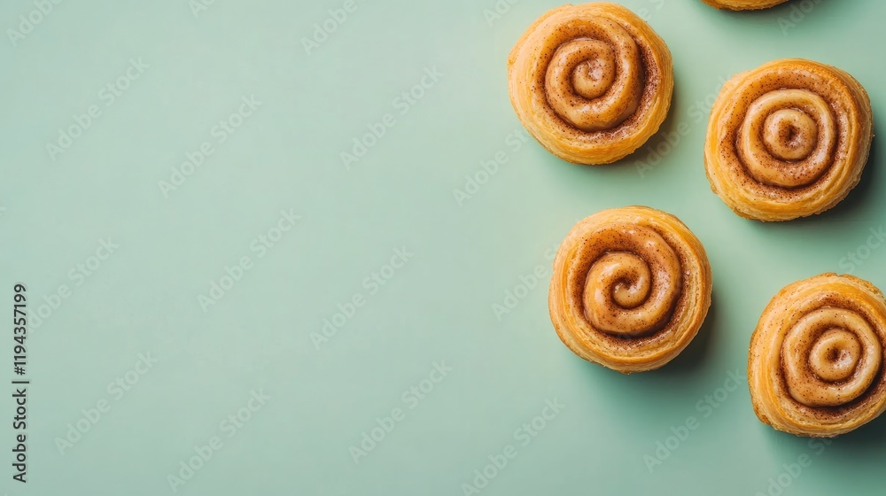 Fototapeta premium Deliciously Swirled Cinnamon Rolls on Soft Green Background Showcasing Gooey Filling and Tempting Texture in Close Up View
