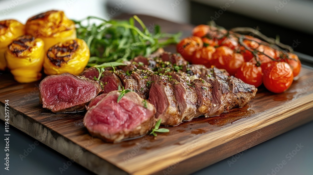Gourmet grilled steak with fresh vegetables on a rustic wooden serving board ready for a fine dining experience Gourmet grilled steak with fresh vegetables on a rustic wooden serving board ready for a fine dining experience