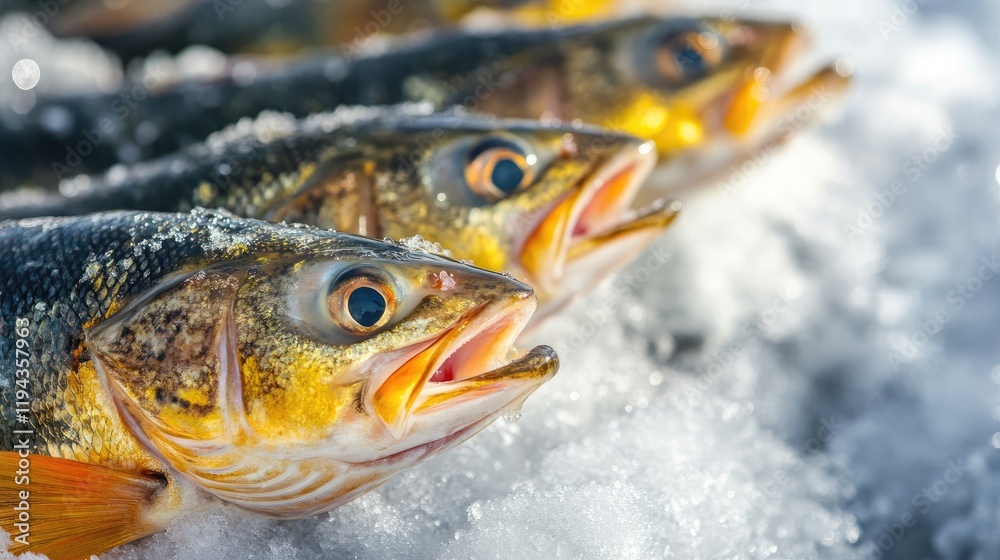 Freshly caught fish displayed on icy surface after a successful winter ice fishing trip on a frozen river Freshly caught fish displayed on icy surface after a successful winter ice fishing trip on a frozen river
