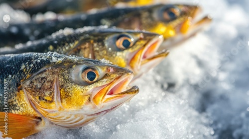 Freshly caught fish displayed on icy surface after a successful winter ice fishing trip on a frozen river photo