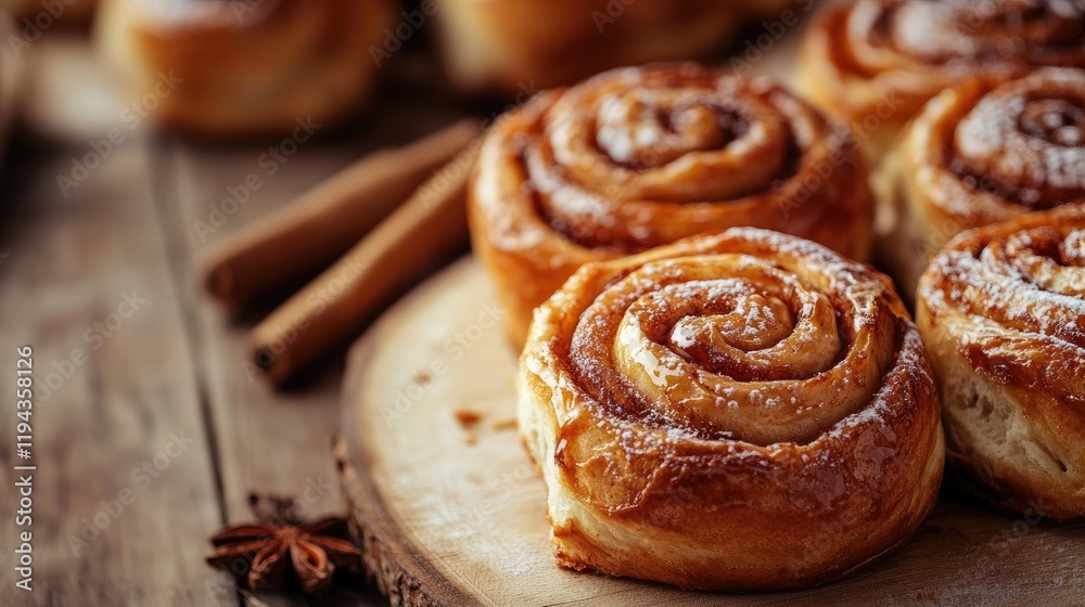 Delicious Cinnamon Rolls on Rustic Wooden Table with Spices and Warm Ambience Delicious Cinnamon Rolls on Rustic Wooden Table with Spices and Warm Ambience