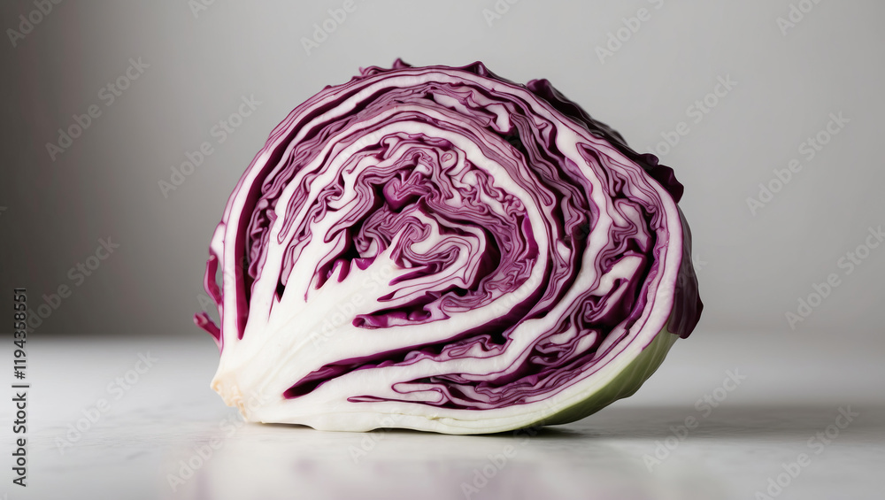 Sliced red cabbage showcasing intricate patterns and vibrant colors on a plain background Sliced red cabbage showcasing intricate patterns and vibrant colors on a plain background