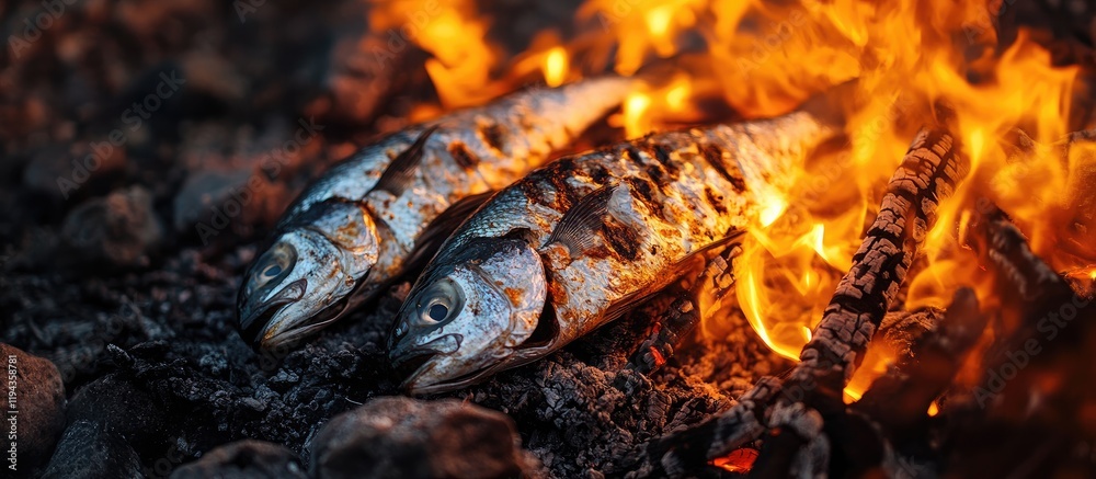 Cooking fish over a campfire at night with glowing embers showcasing outdoor culinary experience and space for text insertion Cooking fish over a campfire at night with glowing embers showcasing outdoor culinary experience and space for text insertion
