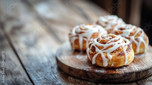 Warm cinnamon rolls drizzled with creamy icing served on a rustic wooden board inviting indulgence and comfort in a cozy setting photo