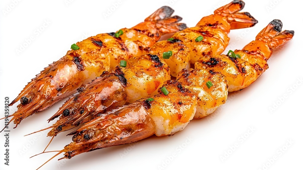 A photostock of fiery grilled shrimps with seasoning and smoke effects, isolated on a clean white background, appetizing and bold, High Quality A photostock of fiery grilled shrimps with seasoning and smoke effects, isolated on a clean white background, appetizing and bold, High Quality