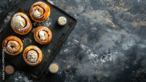 Cinnamon and orange rolls with cream cheese icing on a baking tray showcasing a delicious homemade pastry experience photo