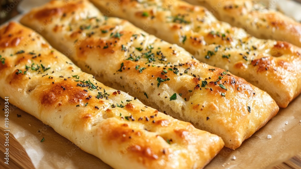 Crispy Golden Brown Freshly Baked Bread Loaves with Herbs and Seasoning on Wooden Board Crispy Golden Brown Freshly Baked Bread Loaves with Herbs and Seasoning on Wooden Board