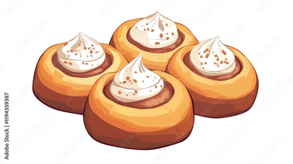 Fototapeta premium Illustration of four freshly baked cinnamon rolls topped with cream on a clean white background showcasing delicious pastry details.