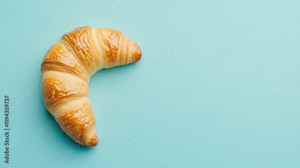 Golden Brown Croissant on Soft Blue Surface Enjoying a Freshly Baked Breakfast Experience