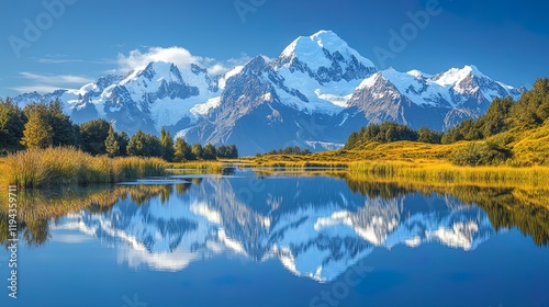 A dramatic view of snow-capped mountains reflected in the still waters of a pristine lake