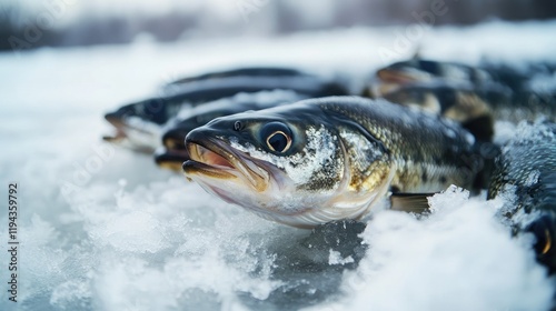 Freshly Caught Fish on Ice During Winter Ice Fishing on a Frozen River Surface photo