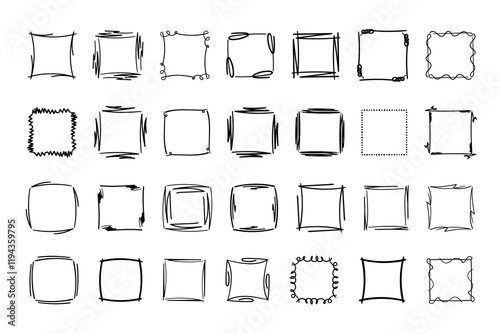 Square doodle frames ,hand-drawn monograms.Edgings and cadres with simple sketchy design elements.Isolated. Vector illustration.