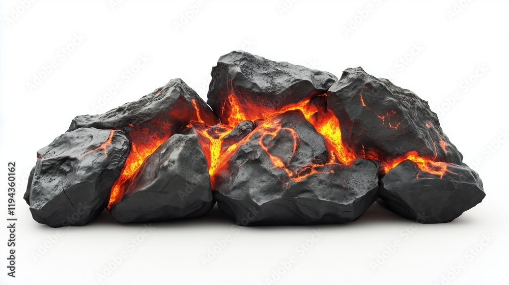 Flowing lava through fractured rocks during a volcano eruption ,Full depth of field, isolated on white background Flowing lava through fractured rocks during a volcano eruption ,Full depth of field, isolated on white background