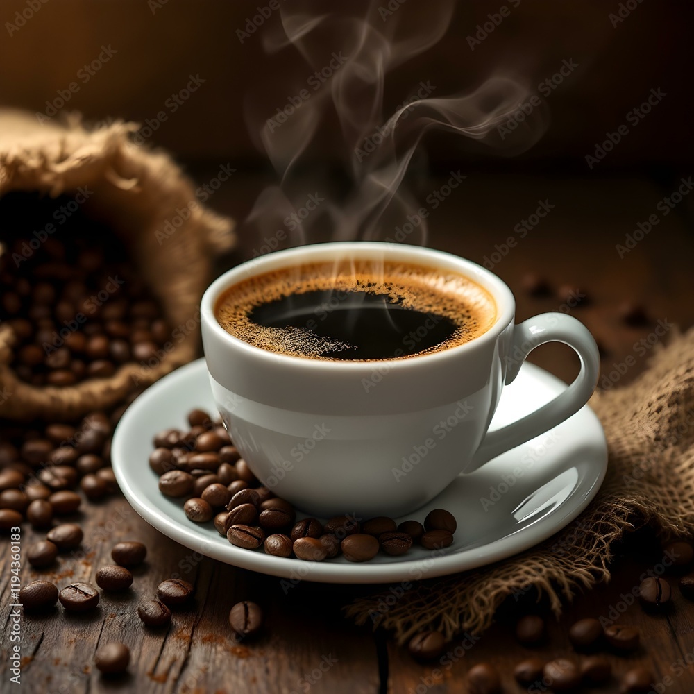 Fototapeta premium Coffee cup, steaming hot, aromatic, espresso, white porcelain, coffee beans