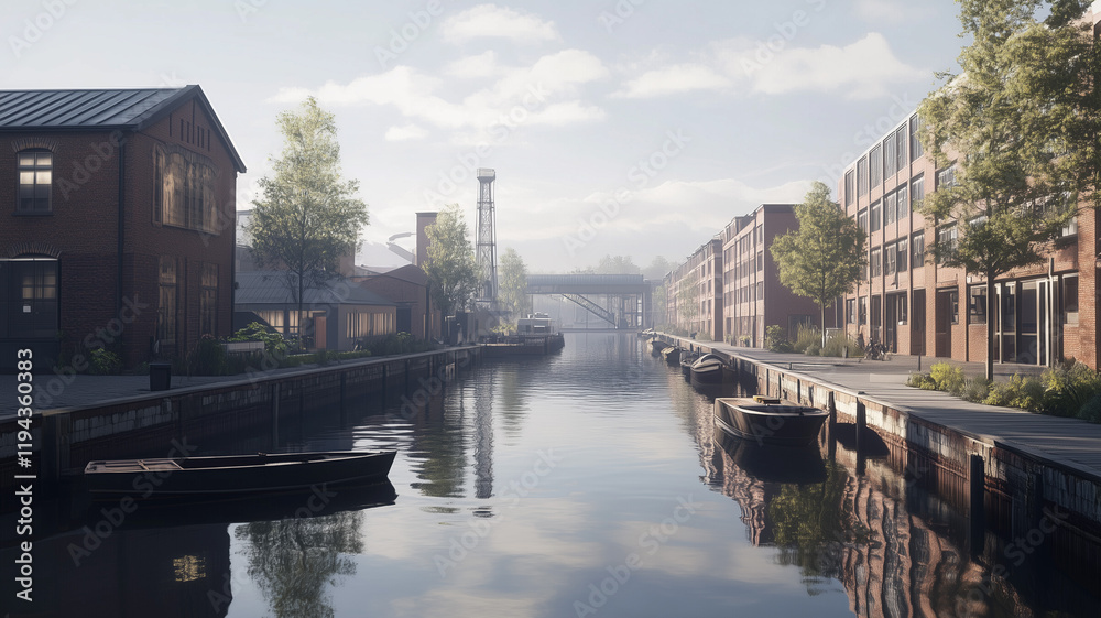 Obraz premium A tranquil scene of an industrial canal, lined with warehouses and factories, with boats gently floating on the water surface. Ai generated (1)