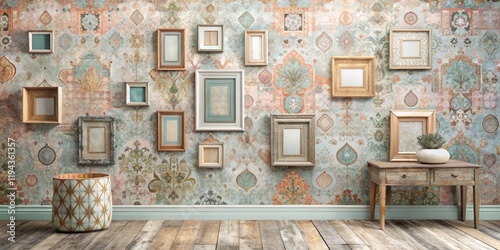 A gallery wall featuring an array of ornate picture frames adorns a room with a textured, patterned wallpaper, complemented by a rustic wooden side table and a decorative container.