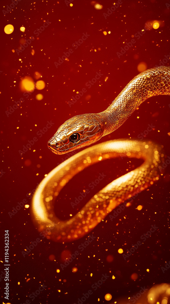 Golden snake with glittering red background. Chinese New Year Theme Background for Year of the Snake.
Golden snake with glittering red background. Chinese New Year Theme Background for Year of the Snake.