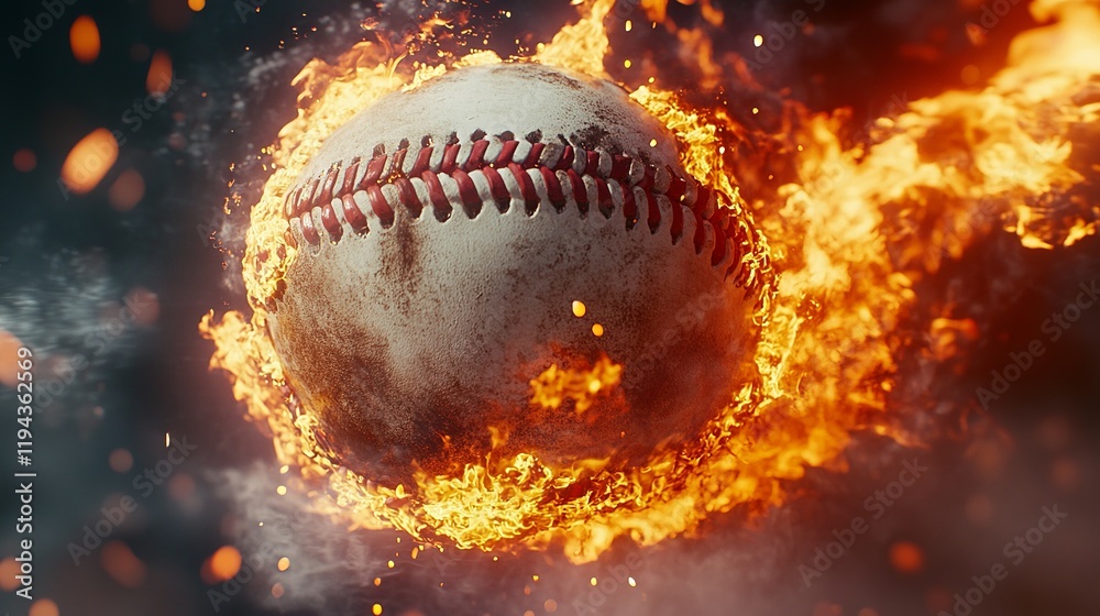3d rendering of a baseball explodes into flames with a fiery burst, creating a spectacular and dynamic visual. The explosion scatters embers and sparks, adding to the intensity