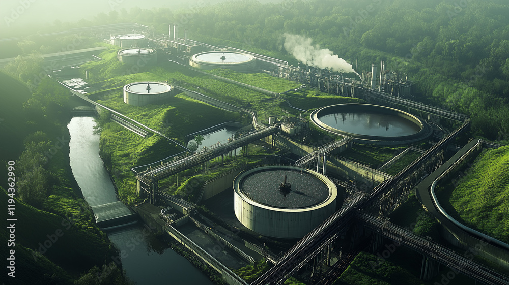 Aerial view of a large industrial water treatment plant, showcasing multiple large tanks and pipelines surrounded by green landscapes. Ai generated (1) Aerial view of a large industrial water treatment plant, showcasing multiple large tanks and pipelines surrounded by green landscapes. Ai generated (1)