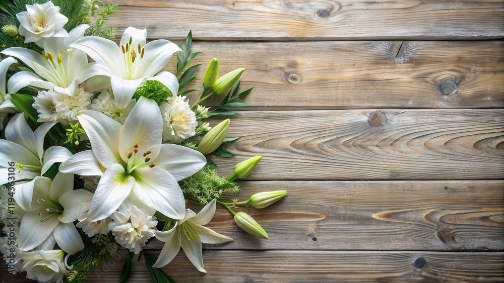 Serene white lilies and delicate blossoms arranged on rustic wooden planks create a peaceful and elegant floral display Serene white lilies and delicate blossoms arranged on rustic wooden planks create a peaceful and elegant floral display