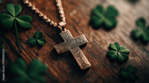 Intricate Celtic Cross Pendant Necklace with Green Shamrocks on Rustic Wood Background photo