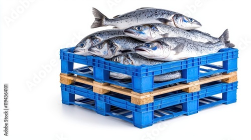 A photostock of neatly stacked fish crates filled with fresh fish, isolated on a clean white background, industrial and detailed, High Quality
