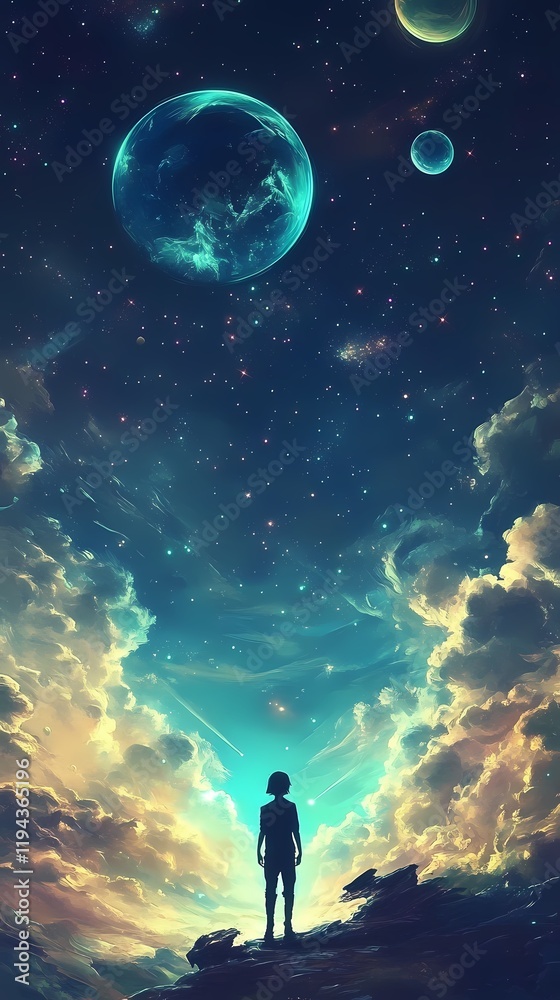 Obraz premium Digital technology universe planet character scene poster background