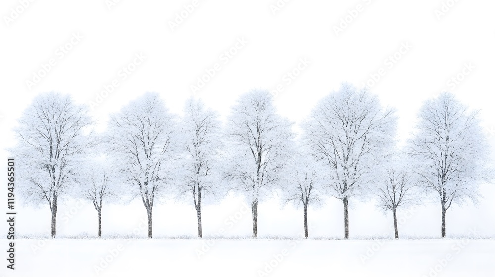 Eight Snow Covered Trees Stand in Winter Row Eight Snow Covered Trees Stand in Winter Row