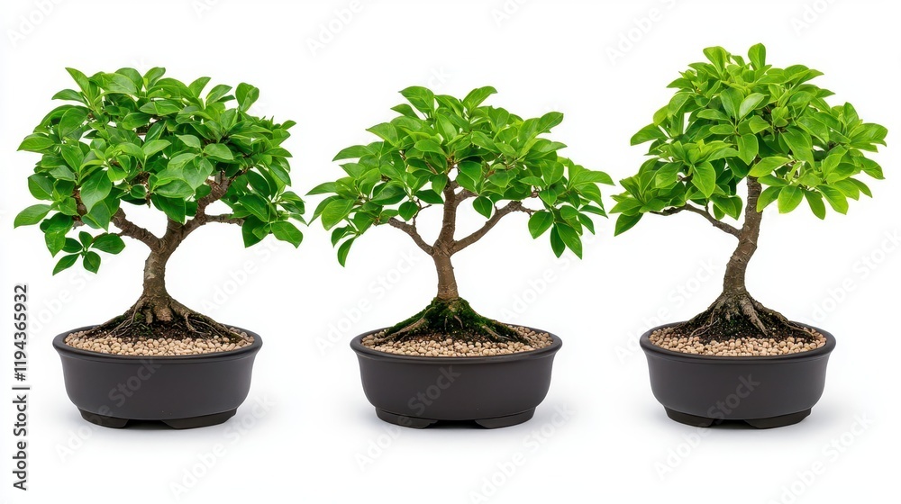 A photostock of small bonsai trees with carefully trimmed branches, isolated on a clean white background, elegant and artistic, High Quality