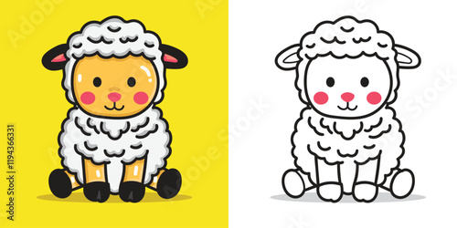 a cute sheep cartoon doll for design element or coloring book element