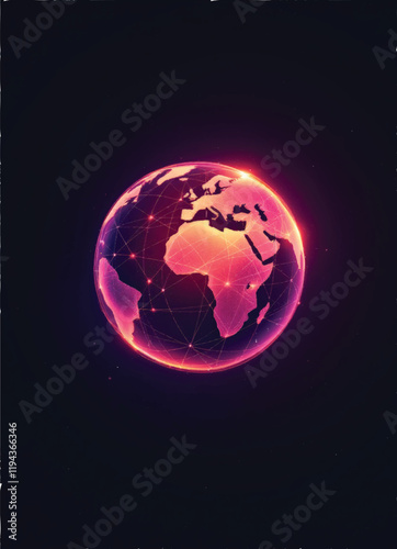 vector of digital gradient globe with world map and interconnected glowing lines and dots on it