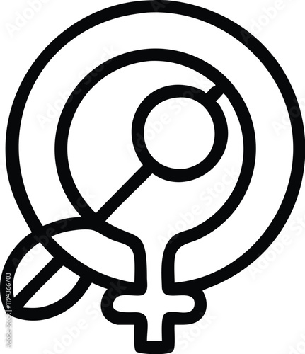Black and white icon, female symbol, magnifying glass, circular design, minimalist illustration, gender studies concept, search for women's issues, reproductive health symbol, simplistic line art, bol