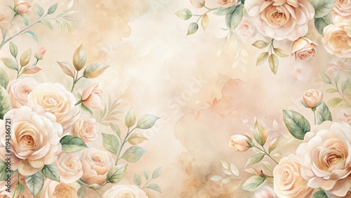 Elegant watercolor roses and foliage border design with a soft beige background