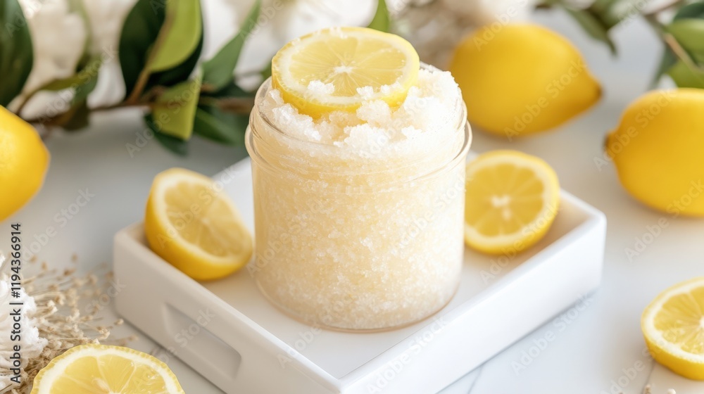 Refreshing Lemon Sugar Scrub in Glass Jar with Lemons and Sugar for Exfoliation and Skin Care Refreshing Lemon Sugar Scrub in Glass Jar with Lemons and Sugar for Exfoliation and Skin Care