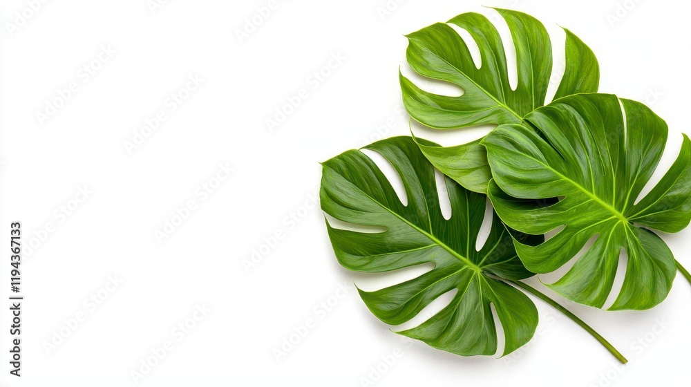 A photostock of vibrant green tropical monstera leaves, isolated on a clean white background, lush and natural, High Quality A photostock of vibrant green tropical monstera leaves, isolated on a clean white background, lush and natural, High Quality