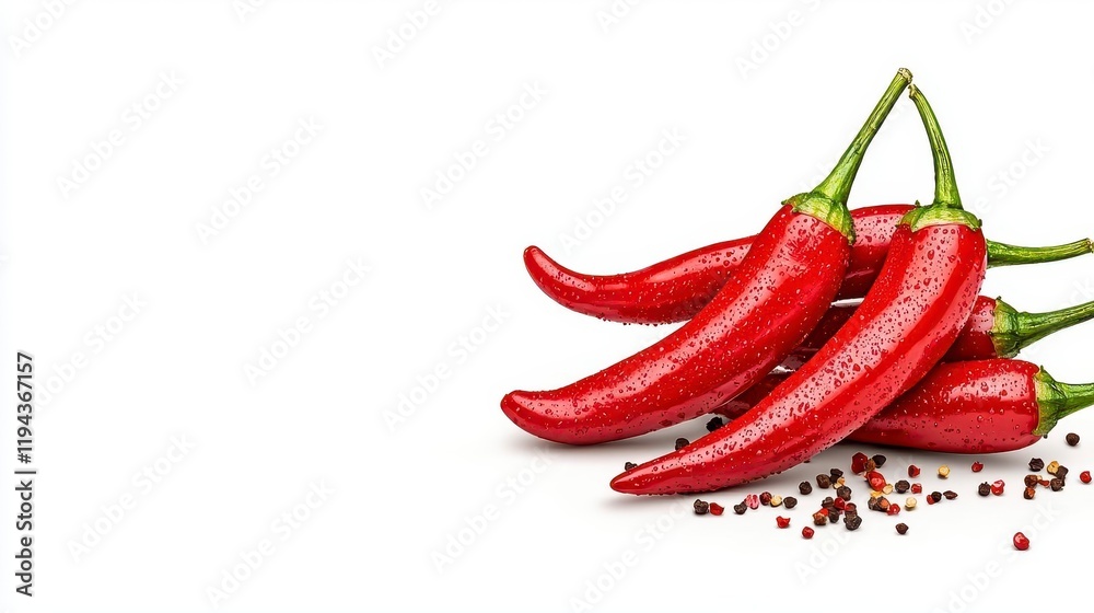 A photostock of vibrant chili peppers splashed with hot sauce and seasoning, isolated on a clean white background, bold and fiery, High Quality A photostock of vibrant chili peppers splashed with hot sauce and seasoning, isolated on a clean white background, bold and fiery, High Quality