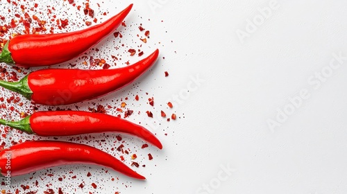 A photostock of vibrant chili peppers splashed with hot sauce and seasoning, isolated on a clean white background, bold and fiery, High Quality photo