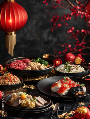 New Year Family Gathering Around a Table Laden with Lunar New Year Dishes