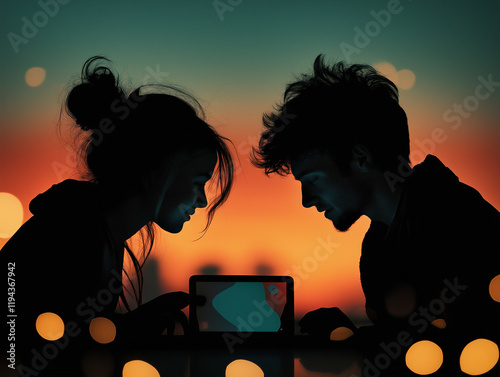 A silhouette of a young couple sharing a digital connection through a glowing screen. 
