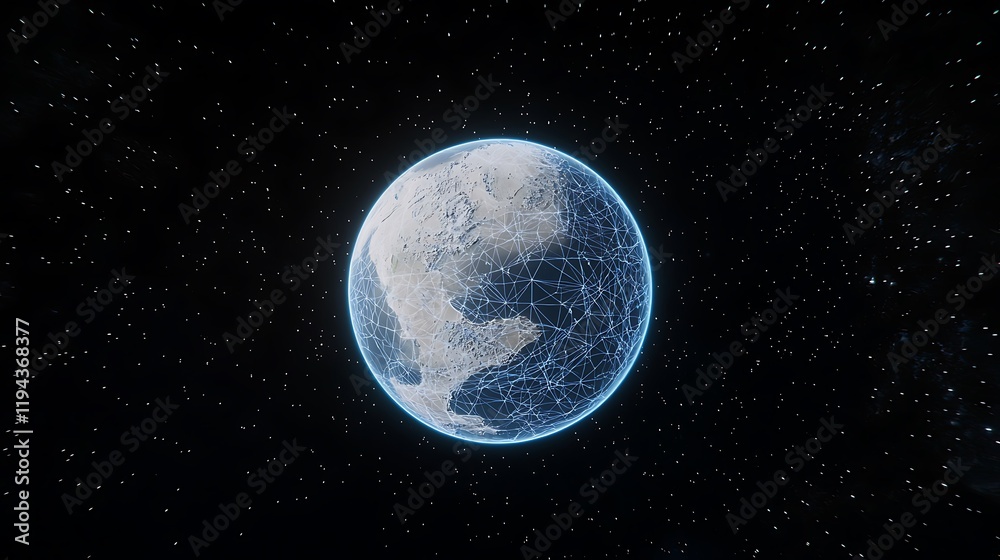 Fototapeta premium A blue and white planet with a network of lines on it
