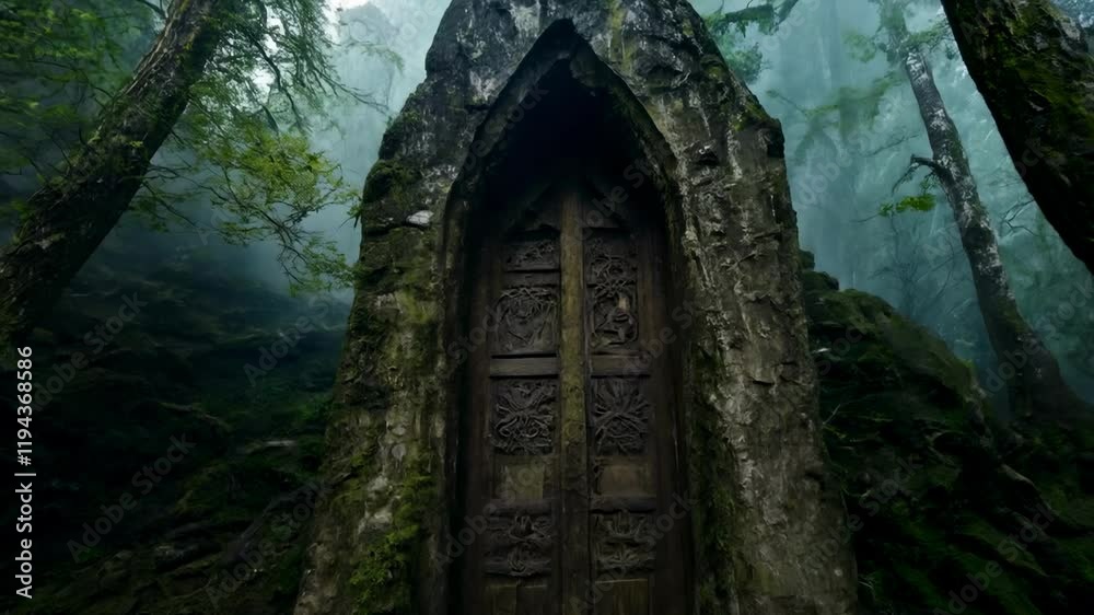 A mysterious wooden, half-rotten door into a dungeon in the middle of a dark, mossy forest. A mysterious door reveals a dark dungeon, shrouded in forest secrets.