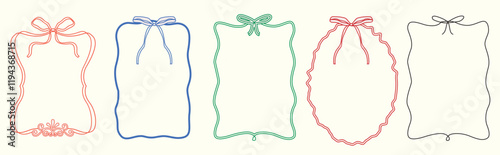 Vintage bows frame for greeting cards, wedding and birthday party, picnic invitations in cute elegant coquette style. Hand drawn ribbons border vector for social media decoration design template.