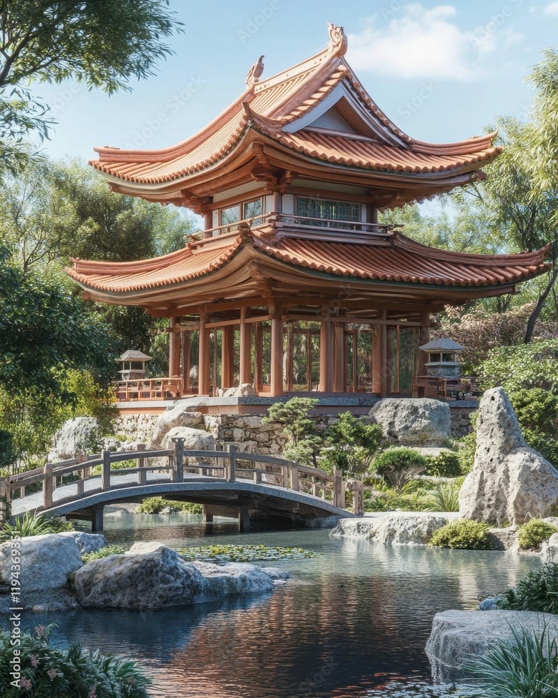 Tranquil Asian garden with a traditional pavilion and bridge. Tranquil Asian garden with a traditional pavilion and bridge.