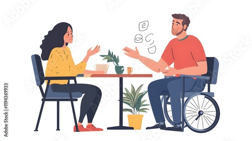 Woman and man in wheelchair having coffee conversation
