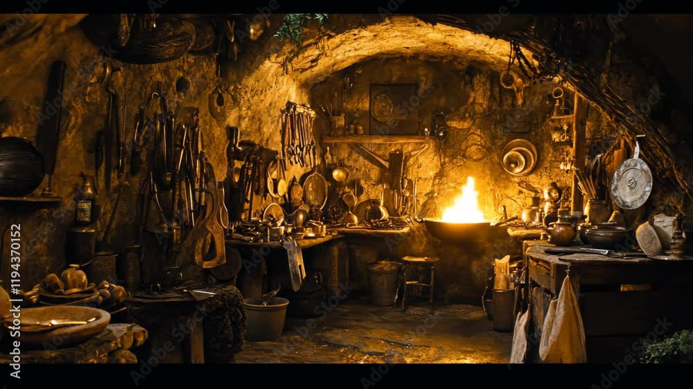 Ancient kitchen with rustic tools and a warm fire illuminating the cozy atmosphere
